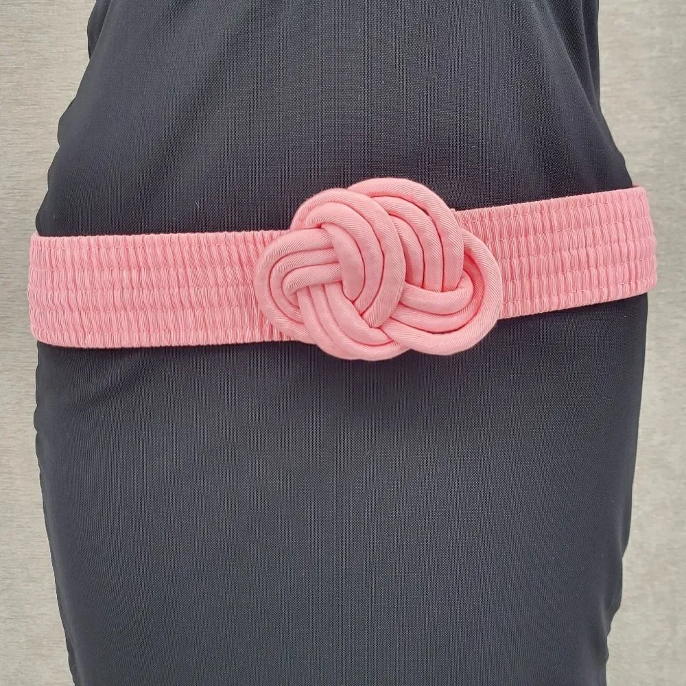 Vintage 80s Baby Pink Celtic Knot Rope Buckle Smocked Fabric Stretch Belt